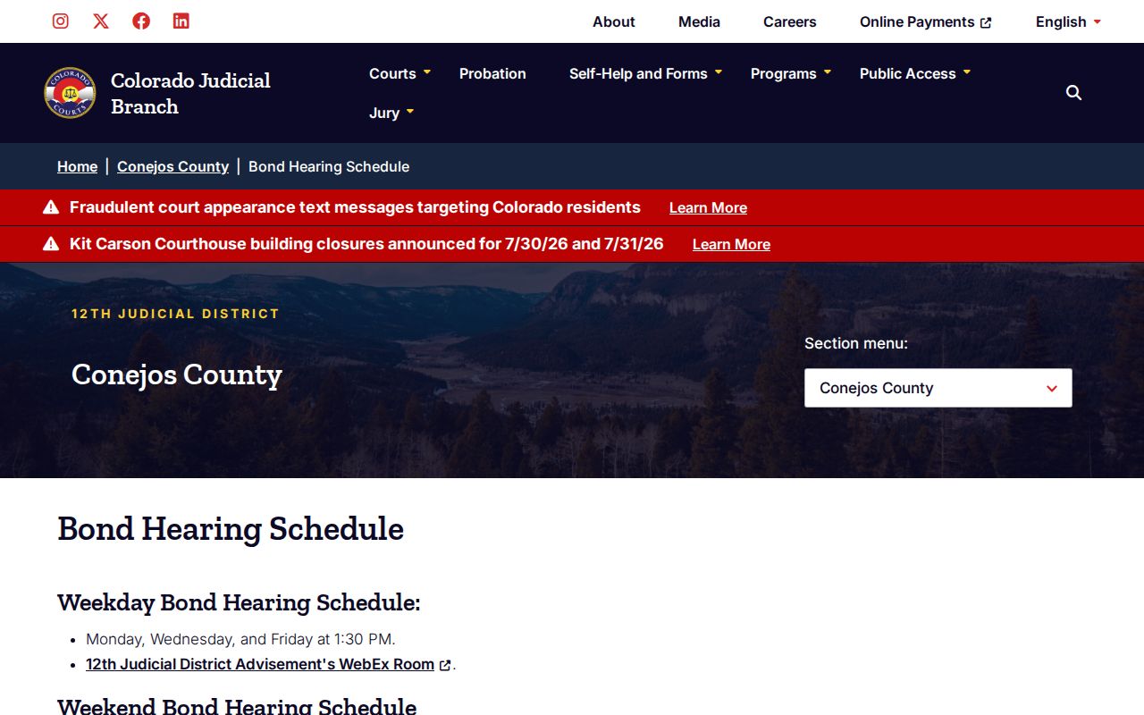 Conejos County court dockets bond hearing schedule