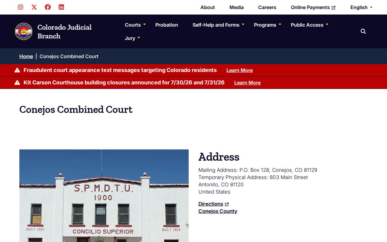 Conejos County Court records contact page for Conejos Combined Court
